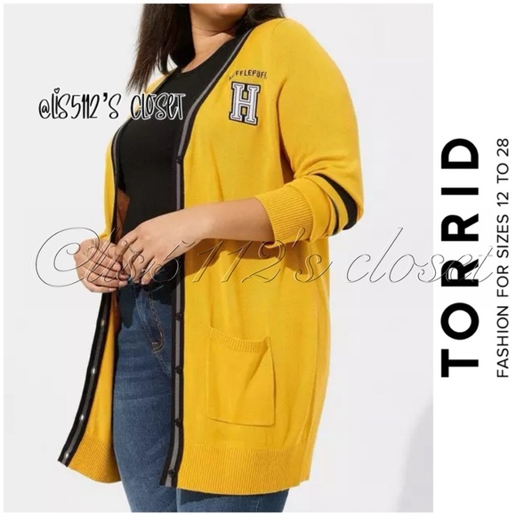 Torrid x Harry Potter Hufflepuff Yellow Varsity Boyfriend Cardigan HTF 1X 14 16 - Picture 1 of 16